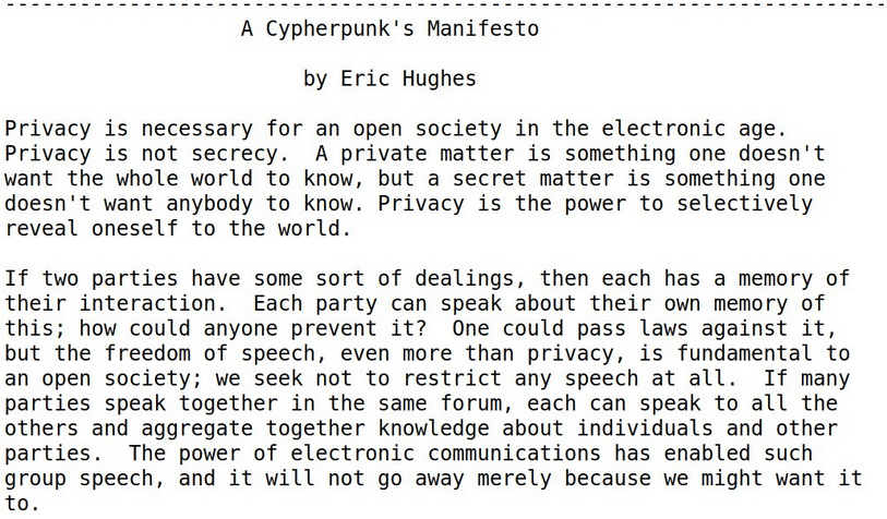 Cypherpunk's Manifesto by Eric Hughes